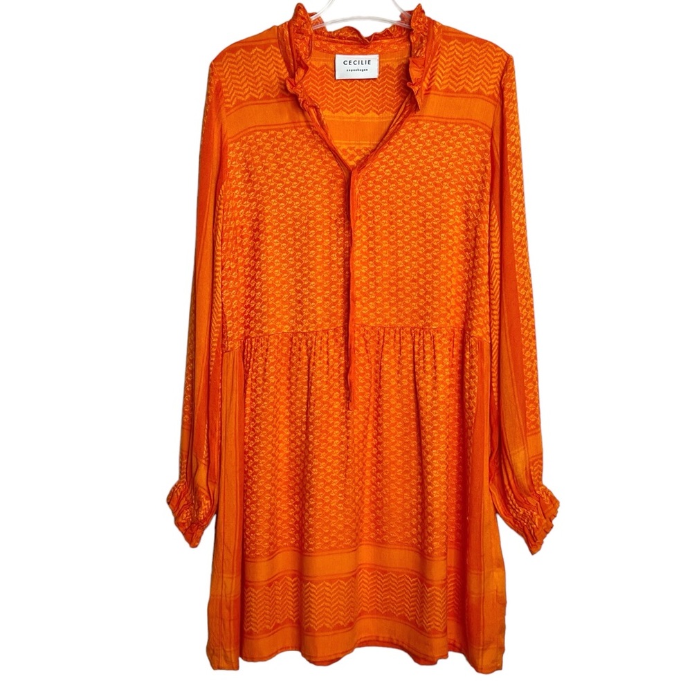 Cecilie Copenhagen Boho Peasant Shift Dress Womens S Oversize Orange Jacquard